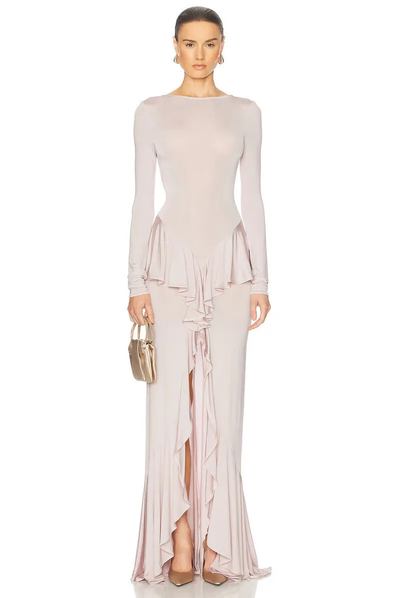 Backless Ruffled Sexy Maxi Dress For Women Gown Fashion O Neck Long Sleeve Thigh High Split Evening Long Dress Elegant