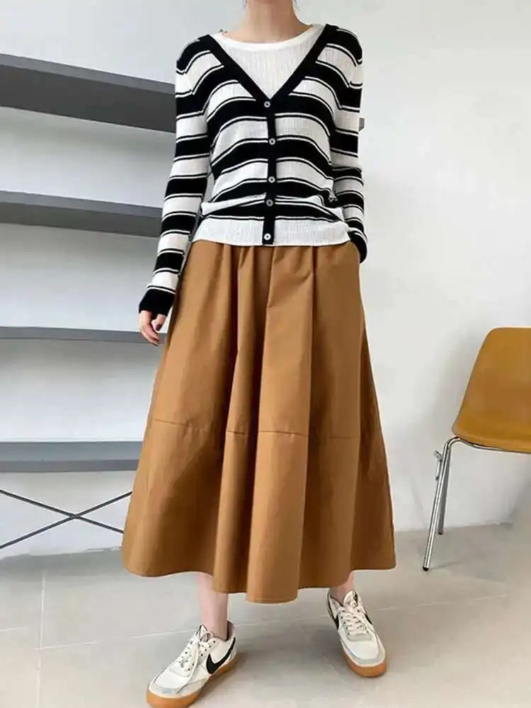 High Elastic Waist Gray Brown Casual A-LINE Midi Half-body Skirt Women Fashion Tide New Spring Autumn 2025 1DE2807