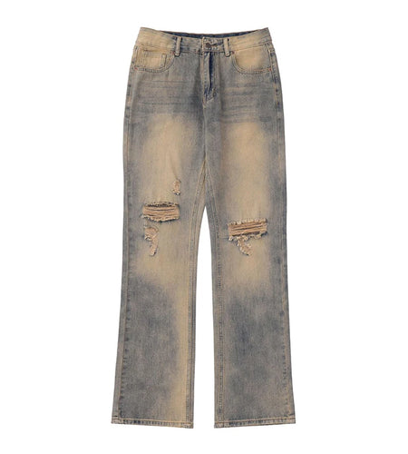 American Style Men's Jeans Printed Straight Wide Leg Hole Desing High Street Stylish Gradient Color Male Bottoms 9W1965