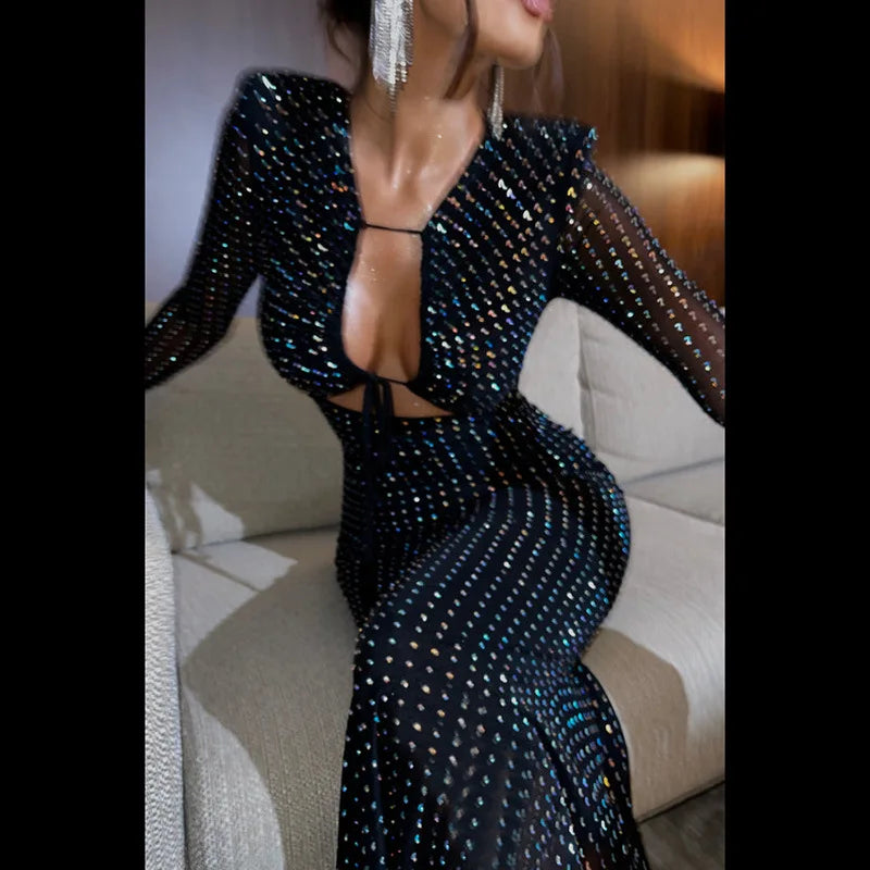 Elegant Sequin Sparkle Sexy Maxi Dress For Women Fashion Hollow Out Sheer Long Sleeve Bodycon Club Party Long Dress