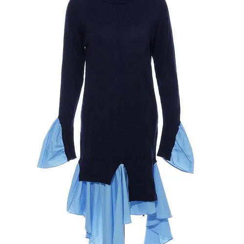 Load image into Gallery viewer, Women Blue Knitting Ruffles Irregular Elegant Dress New Turtleneck Long Sleeve Fashion Tide Spring Autumn 2025 1DH4512
