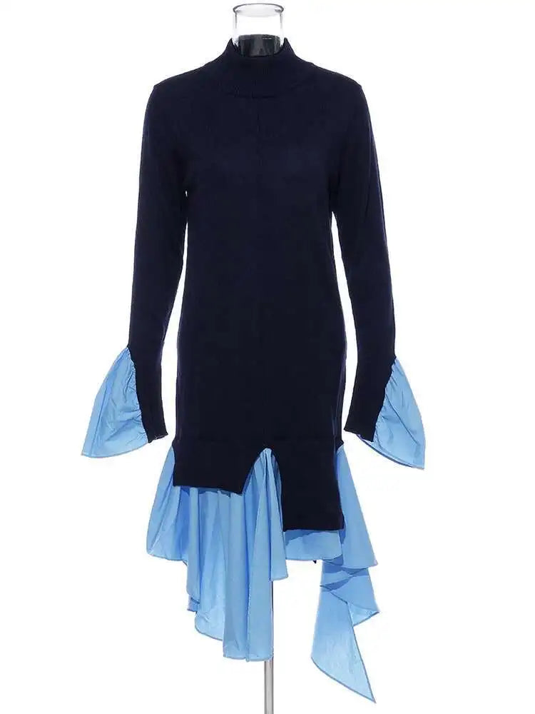 Women Blue Knitting Ruffles Irregular Elegant Dress New Turtleneck Long Sleeve Fashion Tide Spring Autumn 2025 1DH4512