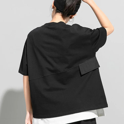 Load image into Gallery viewer, Women Black Button Ribbon Color-block Big Size T-shirt New Round Neck Short Sleeve Fashion Tide Spring Summer 2025 1DJ1751
