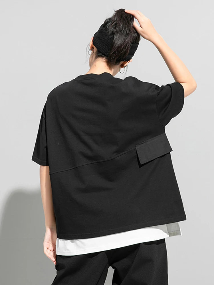 Women Black Button Ribbon Color-block Big Size T-shirt New Round Neck Short Sleeve Fashion Tide Spring Summer 2025 1DJ1751