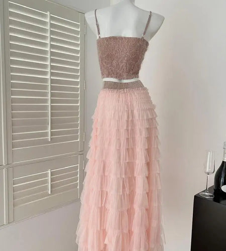 Summer 2025 Women's Fashion Brown Lace Slim Sleeveless Bow Slip Tops + Pink High Waist Pleated Cake Long Skirts Two Pieces Sets
