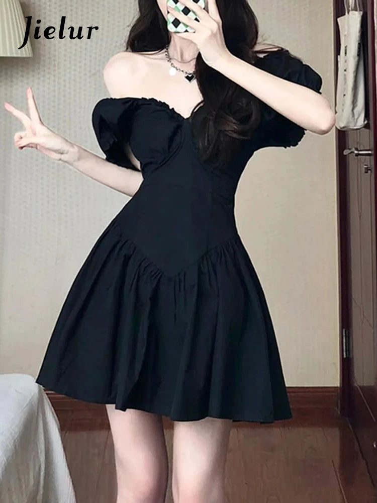 Summer Solid Color V-neck Women's Dresses Puff Sleeve Slim Fashion Female Streetwear French Style Elegant Mini Dresses