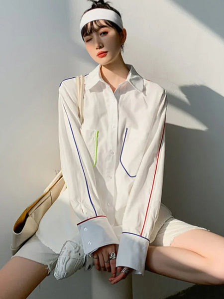 Elegant Women Solid Color Polo Neck Shirt Korean Fashion New Casual Spring Wear Loose Single Breasted Long Sleeved Female Shirt