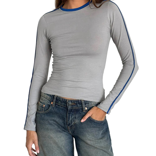 Load image into Gallery viewer, Fall Crop Tops y2k Women Aesthetic Clothing Contrast Trim Round Neck Long Sleeve T Shirts Fashion Tees Streetwear
