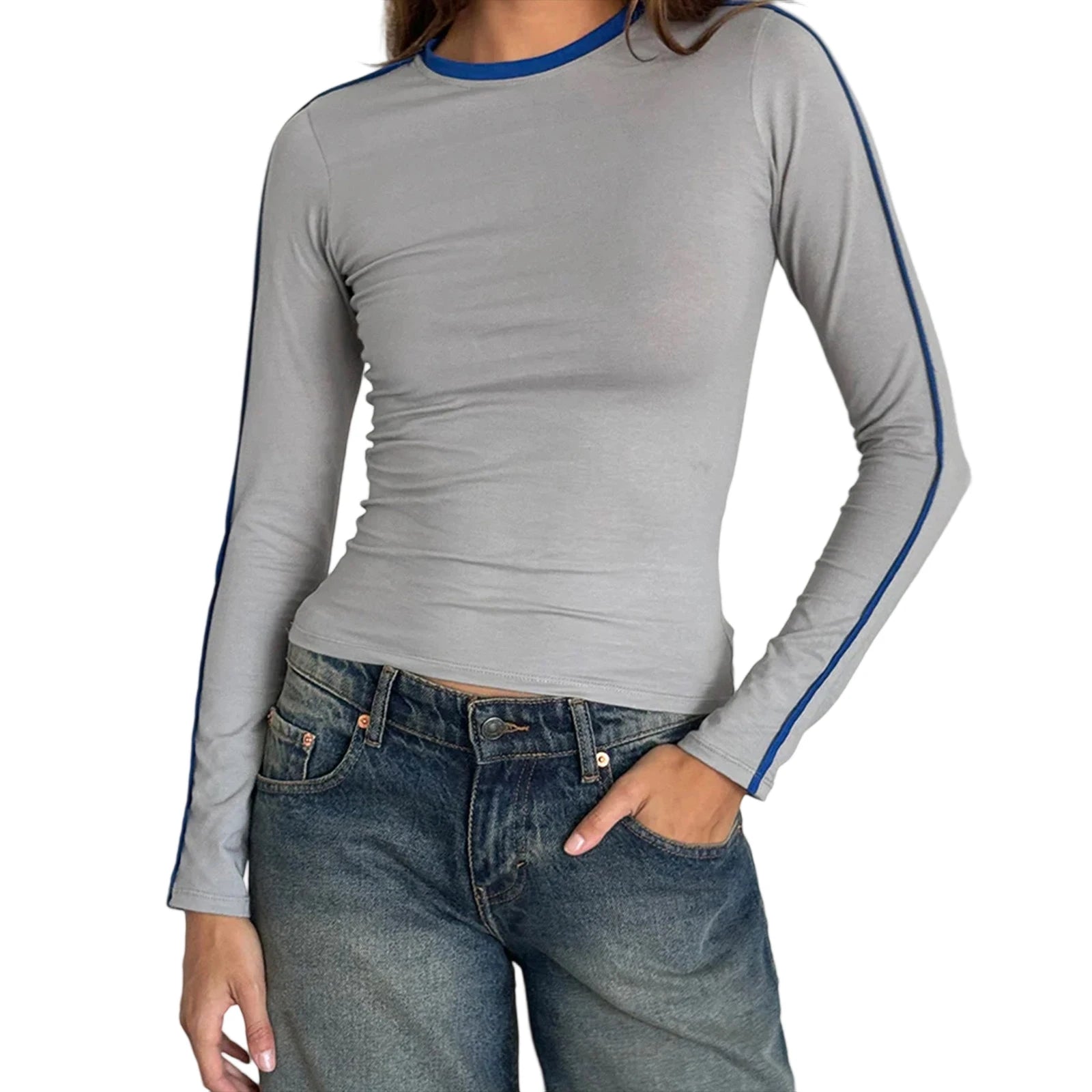 Fall Crop Tops y2k Women Aesthetic Clothing Contrast Trim Round Neck Long Sleeve T Shirts Fashion Tees Streetwear