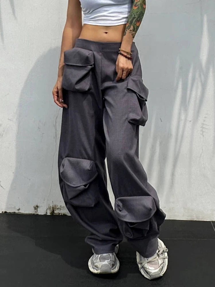 Solid Patchwork Pockets Casual Pants For Women High Waist Miniamlist Loose Cargo Pant Female Fashion Clothes