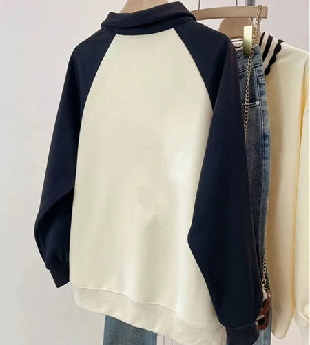 Korean Version 2024 Autumn Winter Beige Patchwork Heart-shaped Print Zipper Sweatshirt Women Long Sleeve Festival Pullover Tops