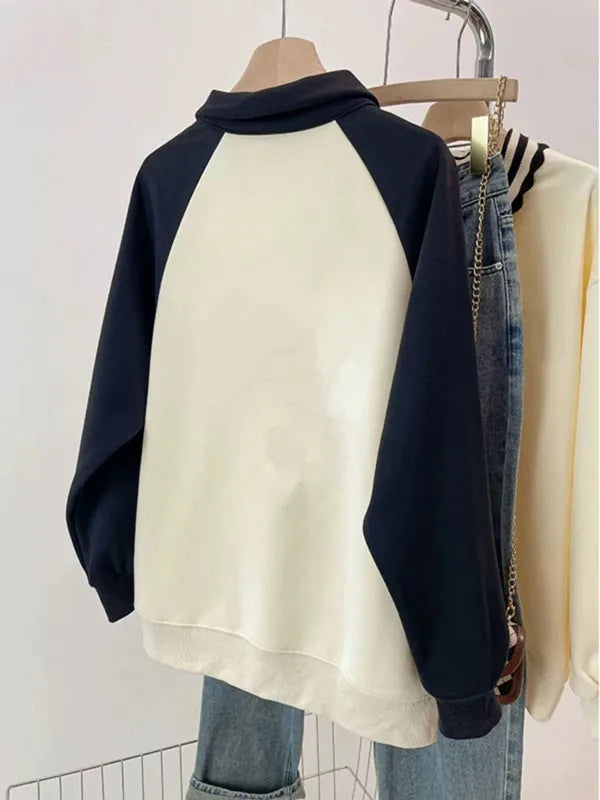 Korean Version 2024 Autumn Winter Beige Patchwork Heart-shaped Print Zipper Sweatshirt Women Long Sleeve Festival Pullover Tops