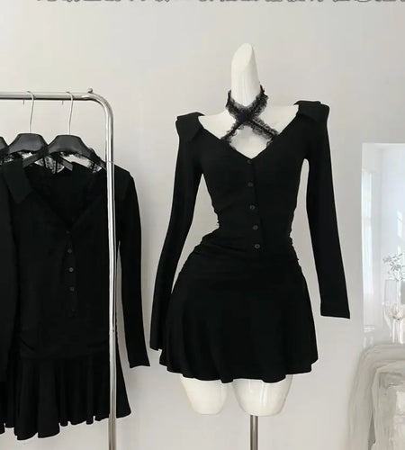 French 2024 Black V Neck Halter Elegant Single Breasted Birthday Party Short Dress Women Office Sexy Club Pleated Evening Dress