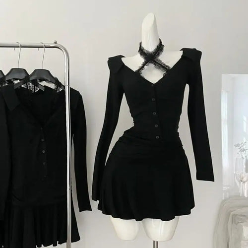 Load image into Gallery viewer, French 2024 Black V Neck Halter Elegant Single Breasted Birthday Party Short Dress Women Office Sexy Club Pleated Evening Dress
