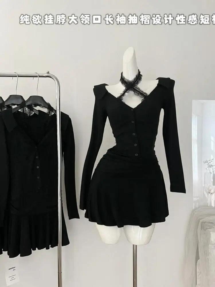 French 2024 Black V Neck Halter Elegant Single Breasted Birthday Party Short Dress Women Office Sexy Club Pleated Evening Dress