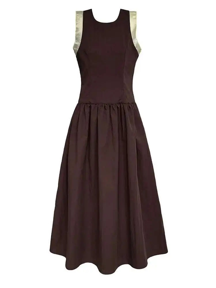 Women Coffee Color-block Elegant Long Vest Dress New Round Neck Sleeveless Fashion Tide Spring Summer 2025 1DJ0743