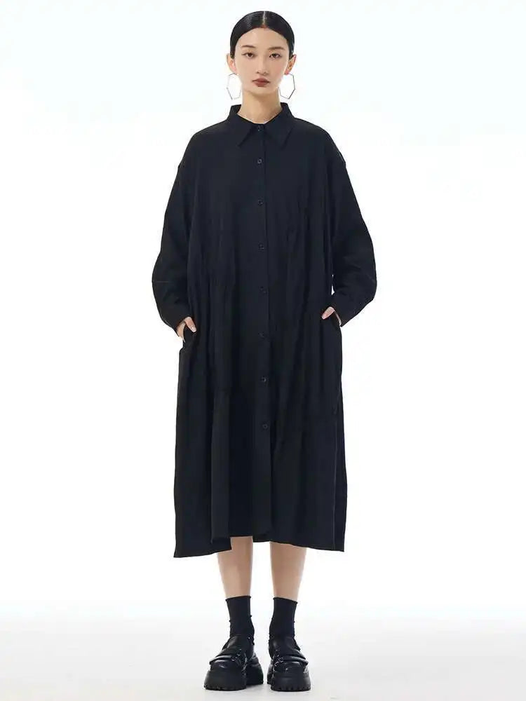 Women Coffee Pleated Spliced Big Size Midi Shirt Dress New Lapel Long Sleeve Fashion Tide Spring Autumn 2025 1DH7416