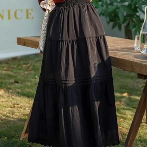 Load image into Gallery viewer, Spring Summer Black White Patchwork Lace High Waist Pleated Skirt Women French Vintage Beige Elegant Vacation Party Long Skirts
