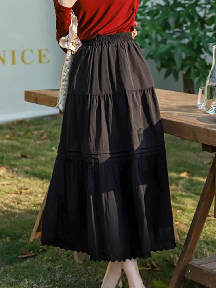 Spring Summer Black White Patchwork Lace High Waist Pleated Skirt Women French Vintage Beige Elegant Vacation Party Long Skirts