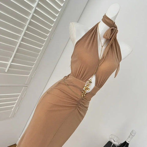 Load image into Gallery viewer, Women Brown High Waist Off Shoulder Hollow Out Backless Halter Long Dress Summer Sexy Elegant Sleeveless Party Evening Dress New
