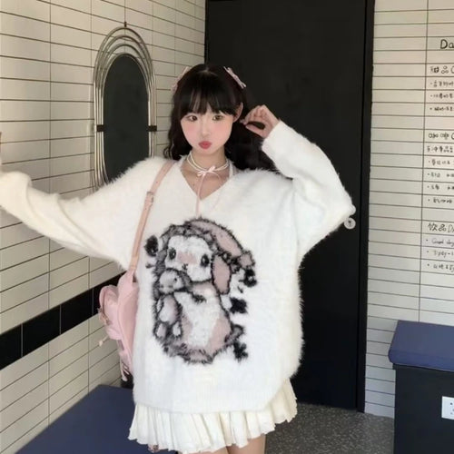 Load image into Gallery viewer, 2025 Preppy Style Grunge Sweater Harajuku  Oversize Fur Autumn Grunge Pullover Cartoon Jacquard Kawaii Cute Loose Women Jumpers
