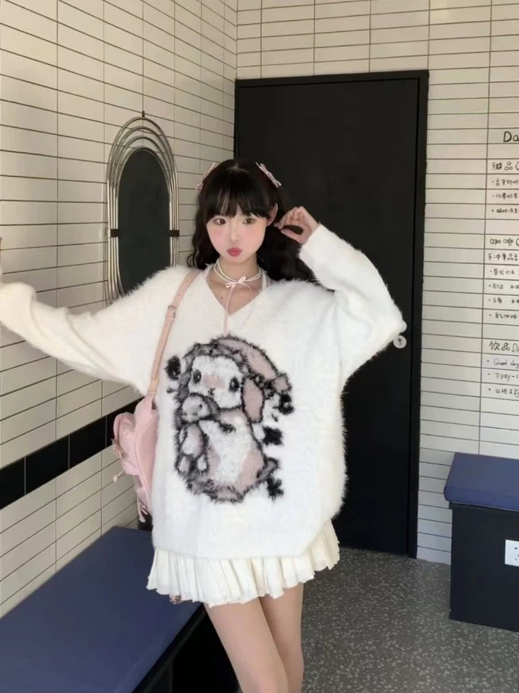 2025 Preppy Style Grunge Sweater Harajuku  Oversize Fur Autumn Grunge Pullover Cartoon Jacquard Kawaii Cute Loose Women Jumpers