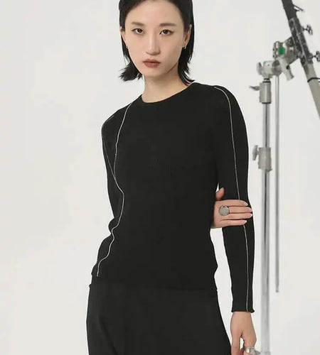 Black Color-block Slim Knitting Sweater Round Neck Long Sleeve Women Pullovers New Fashion Spring Autumn 2025  1DH2083