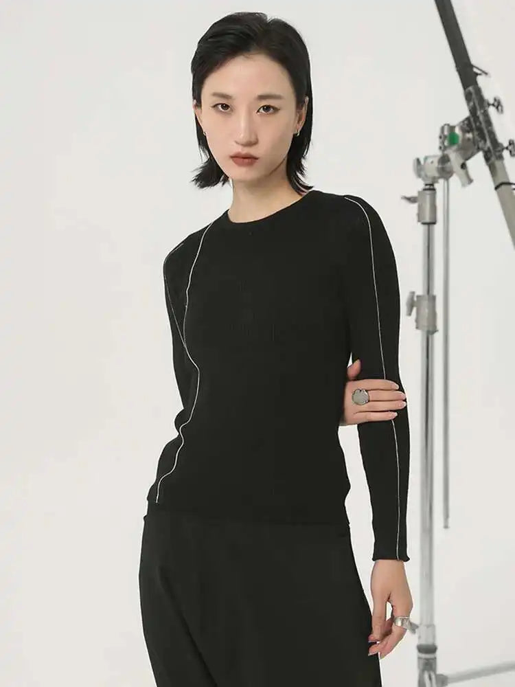 Black Color-block Slim Knitting Sweater Round Neck Long Sleeve Women Pullovers New Fashion Spring Autumn 2025  1DH2083