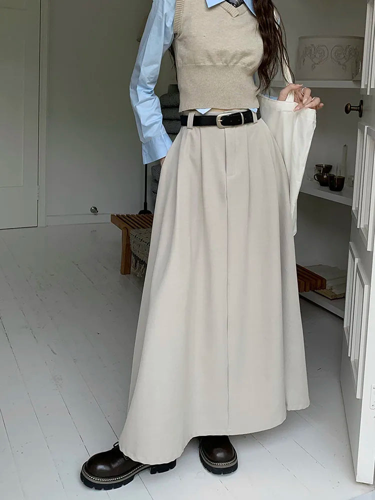 Korean Black High Waist Pleated Woman Grey Suit Skirt Female 2023 Autumn Ladies Casual Fashion Beige Festival A-line Long Skirts
