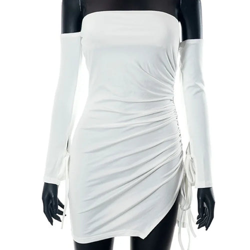 Load image into Gallery viewer, Sexy Off Shoulder Long Sleeve Pleated Tight Fit Dress Women Lace Up Split Transparent Dress Party Club Evening Vestidos

