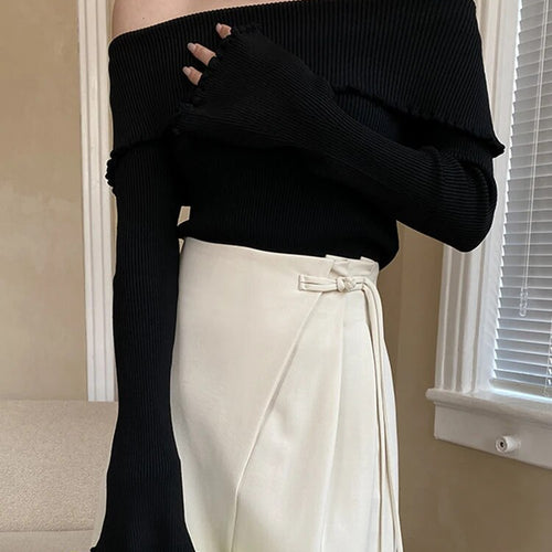 Load image into Gallery viewer, Solid Designer Knitting Sweaters For Women Slash Neck Flare Sleeves Cold Shoulder Sweater Female Fashion Clothing
