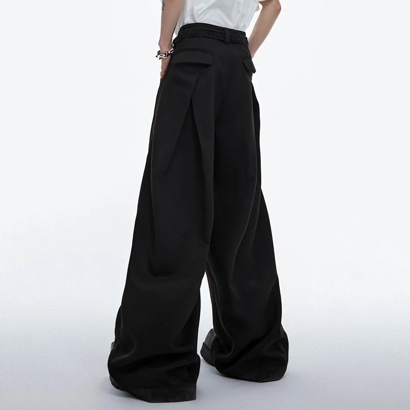 Strap Design Casual Pants Loose Straight Solid Color Lace-up Wide Leg Male Trousers Loose Simple Fashion 24E1288