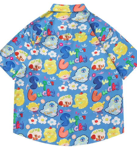 Harajuku Hawaiian Shirts Streetwear Cartoon Graphic Printed Button Up Summer Beach Blouse Hip Hop Casual Baggy Short Sleeve Tops