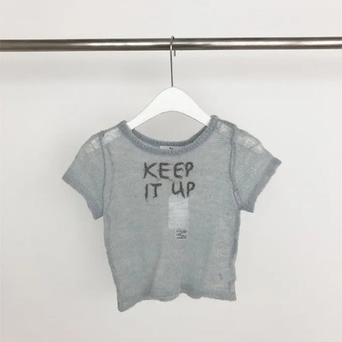 Load image into Gallery viewer, Knit Woman Tshirts Short Sleeve O-neck Tees Fashion Korean Camisetas Embroidery Letter T-shirt Casual See Through Sexy T Shirts
