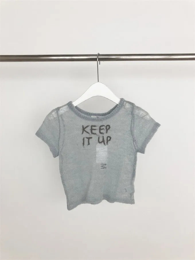 Knit Woman Tshirts Short Sleeve O-neck Tees Fashion Korean Camisetas Embroidery Letter T-shirt Casual See Through Sexy T Shirts