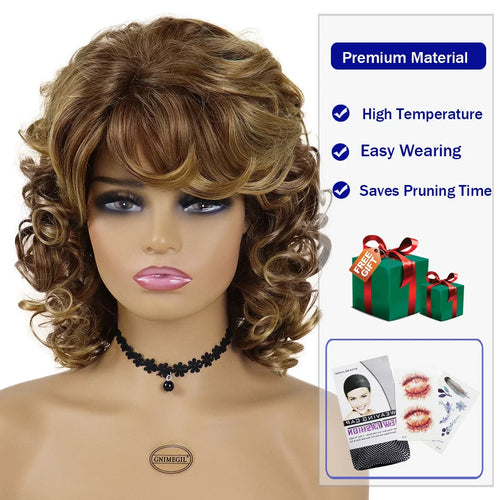 Load image into Gallery viewer, Synthetic Hair Mix Brown Short Curly Wigs for Women African American Wig Afro Curl Natural Wig with Bangs Can Be Permed
