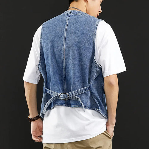 Load image into Gallery viewer, Men's Denim Vest Summer New Male Cargo Clothes Neckless Loose Jacket Trend Youth Coat Single Breasted Men Tide 9W1313
