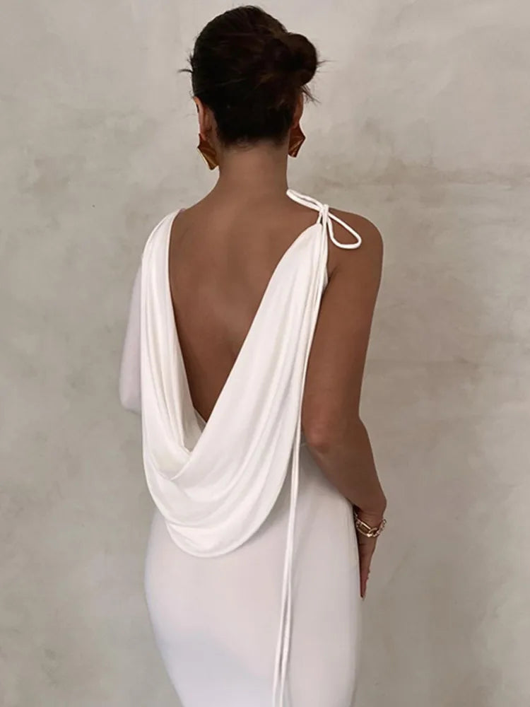 Elegant Backless Sexy Maxi Dress For Women Robe 2023 Spring New V Neck One Sleeve Lace-up Party Long Dress Vestido