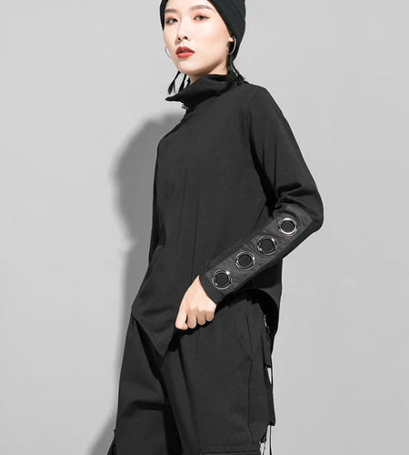 Women Black Hollow Out Irregular Hem Slim T-shirt New Turtleneck Long Sleeve Fashion Tide Spring Autumn 2025 1DJ0069