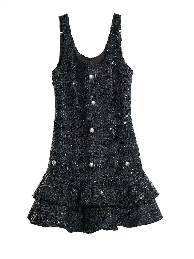 Women Black Sequins Tassels Ruffles Mini Elegant Dress New Round Neck Sleeveless Fashion Tide Spring Autumn 2025 1DH8269