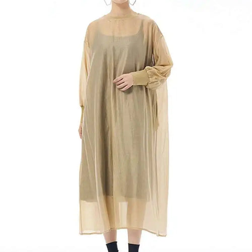 Load image into Gallery viewer, Women Khaki Mesh Perspective Big Size Thin Dress New Round Neck Long Sleeve Fashion Tide Spring Autumn 2025 1DH7412

