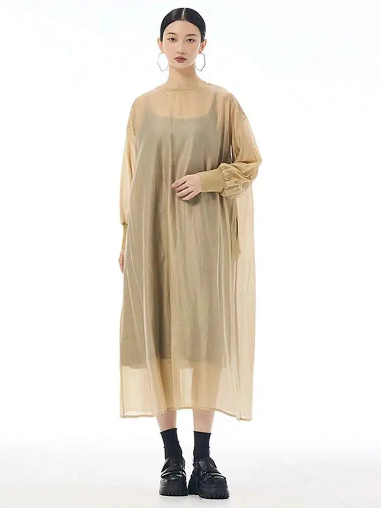 Women Khaki Mesh Perspective Big Size Thin Dress New Round Neck Long Sleeve Fashion Tide Spring Autumn 2025 1DH7412