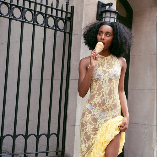 Load image into Gallery viewer, Lace See Through Ruffle Sexy Midi Dress Women Gown Summer Fashion High Waist Slim Thigh High Split Elegant Long Dress
