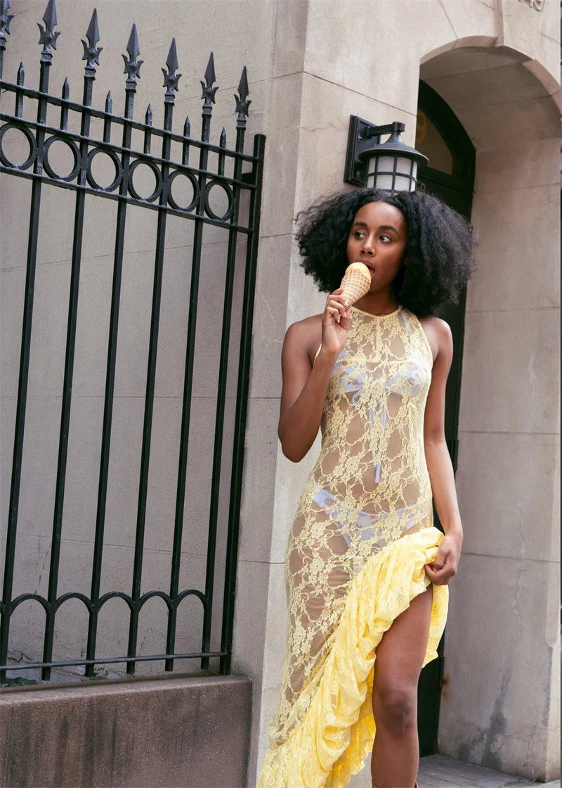 Lace See Through Ruffle Sexy Midi Dress Women Gown Summer Fashion High Waist Slim Thigh High Split Elegant Long Dress