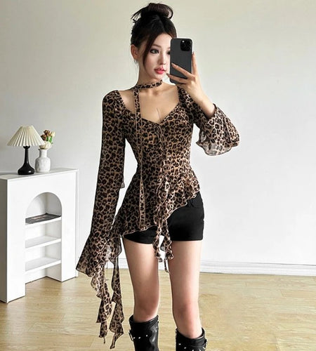 Sexy Woman T Shirts Fashion Leopard Print Tunic Tees Patchwork Ruffles Long Sleeve Irregular Tshirt 2024 Ropa Mujer Y2k Tops