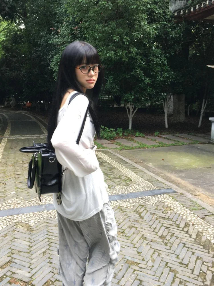 Harajuku Skew Collar Loose T-shirts 2025 Streetwear Letter Print Grunge Tops Women Casual Y2k Aesthetic Summer Sunscreen Tees