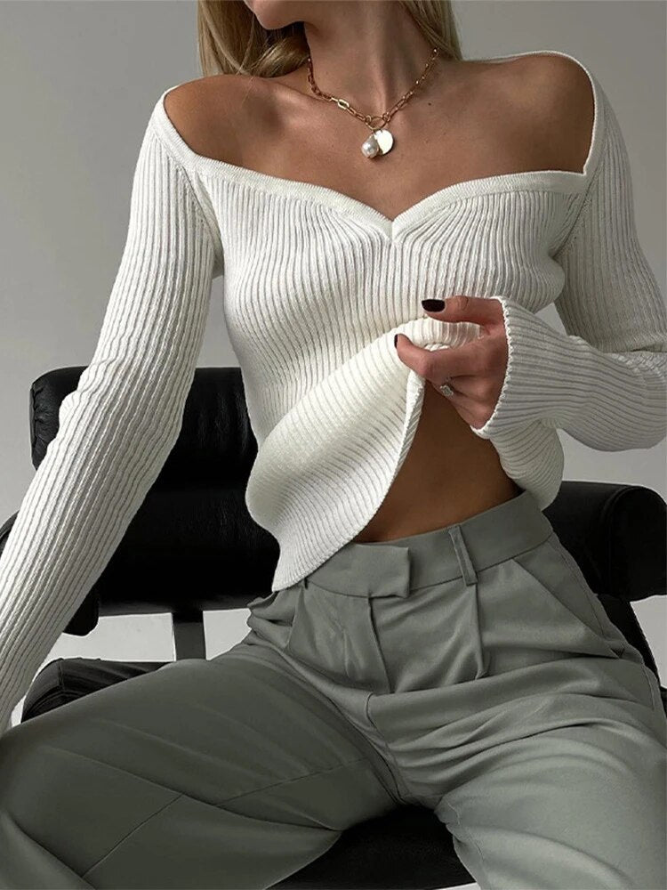 Solid Slimming Knitting Sweaters For Women Slash Neck Cold Shoulder Long Sleeves Sexy Sweater Female Fashion