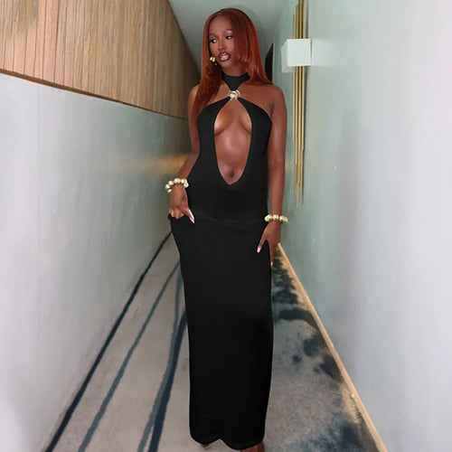 Load image into Gallery viewer, Halter Hollow Out Sexy Maxi Dress For Women Gown Fashion Off-shoulder Sleeveless Backless Bodycon Beach Club Dress
