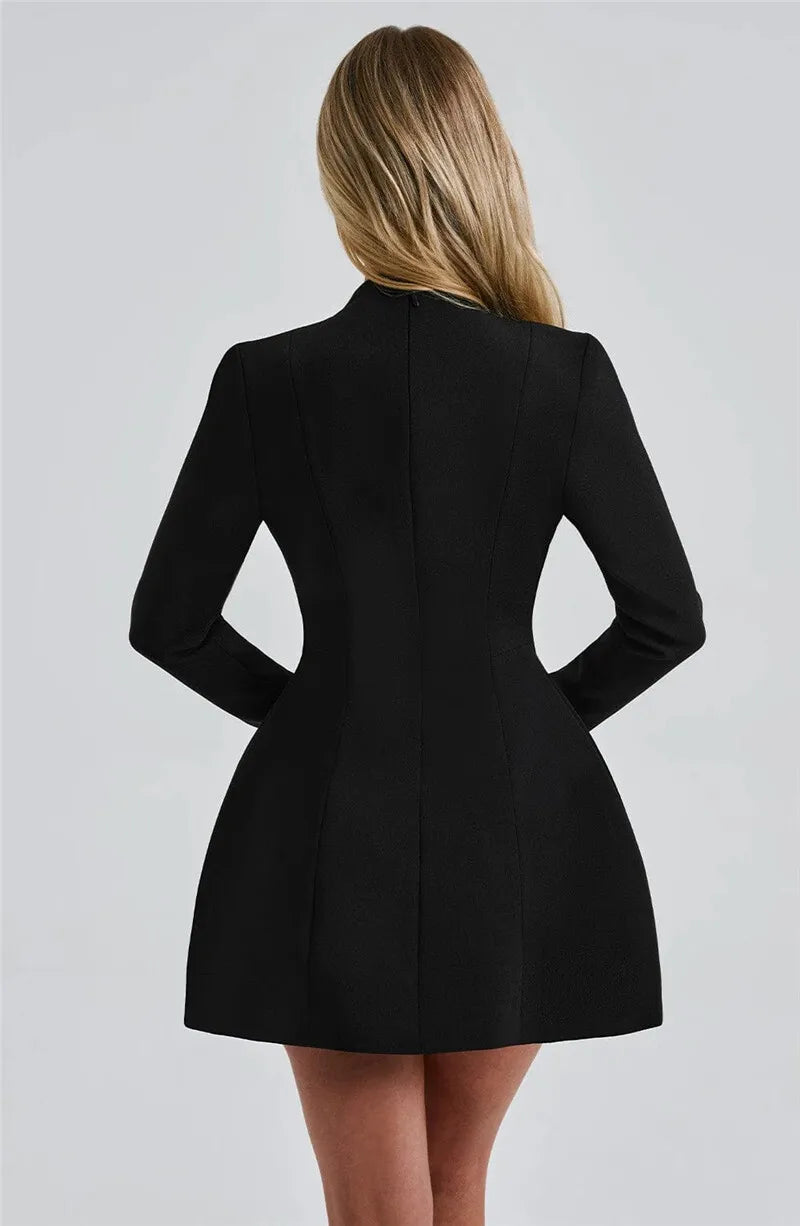 Deep V Neck Long Sleeve Sexy Mini Dress For Women Fashion Two Pocket High Waist A-line Club Party Sexy Dress Elegant