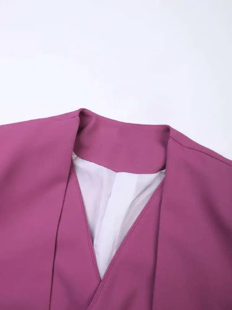 Women Purple Red False Two Big Size Short Blazer New V-neck Long Sleeve Jacket Fashion Tide Spring Autumn 2025 CPG1158